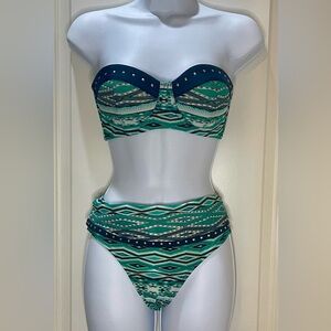 Jessica Simpson Teal and Navy Aztec Studded Bandeau Bikini Size Medium